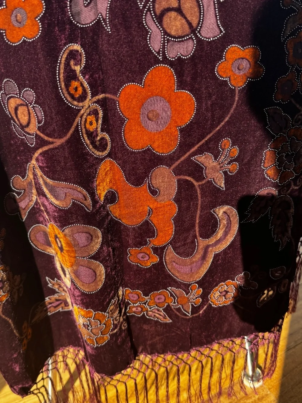 100% Silk Velvet Devoré Plum Floral Burnout Scarf/Evening Wrap with Fringe